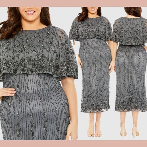NEW MAC DUGGAL [ 14W ] 5939 High Neck Embellished Column Dress with Cape Pewter‎ - Picture 1 of 16